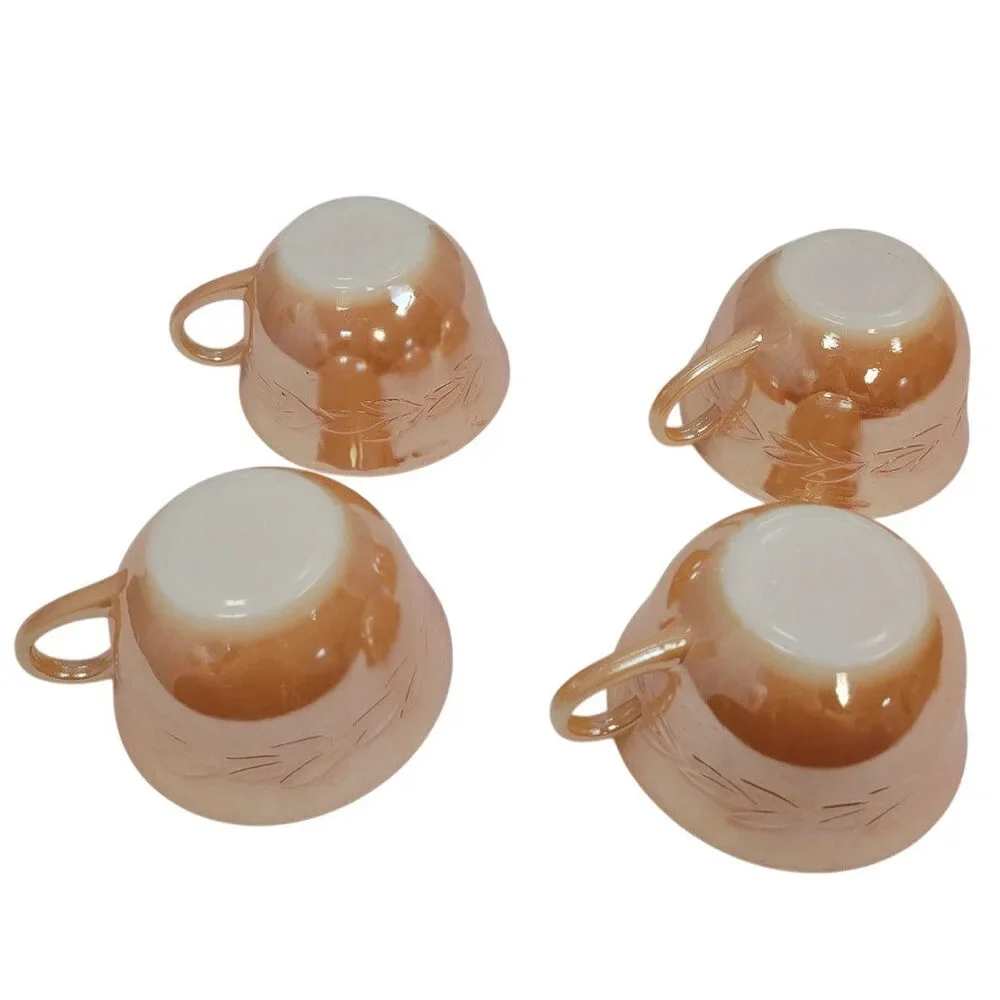 4 Vintage Fire-King Oven Ware Iridescent Orange Leaf Pattern Teacups Made In USA